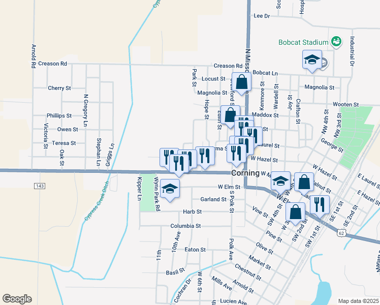 map of restaurants, bars, coffee shops, grocery stores, and more near 101 Park Street in Corning