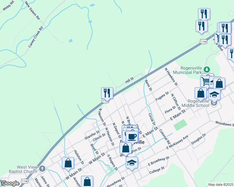 map of restaurants, bars, coffee shops, grocery stores, and more near Tennesse 70 in Rogersville