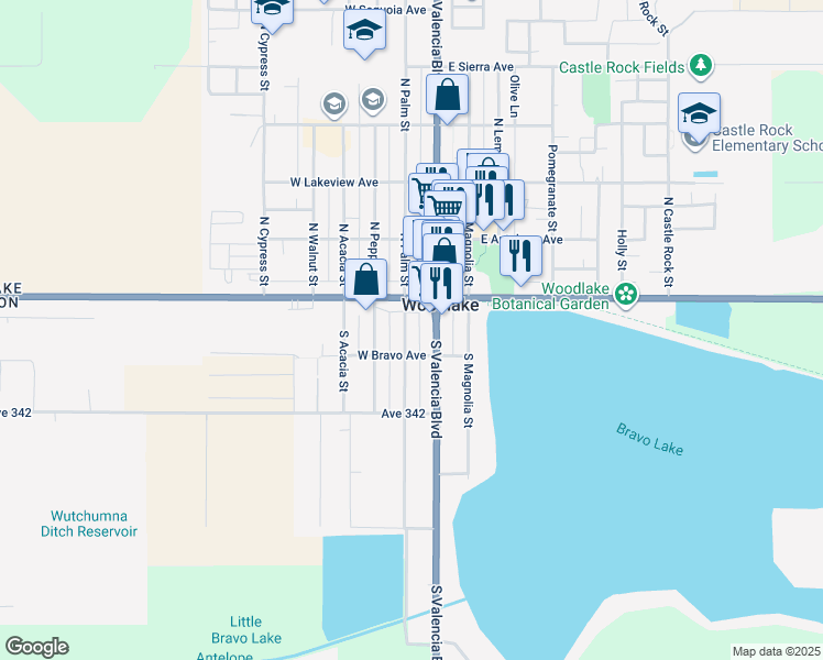 map of restaurants, bars, coffee shops, grocery stores, and more near 138 South Palm Street in Woodlake