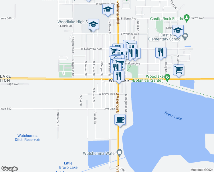 map of restaurants, bars, coffee shops, grocery stores, and more near 138 S Palm St in Woodlake