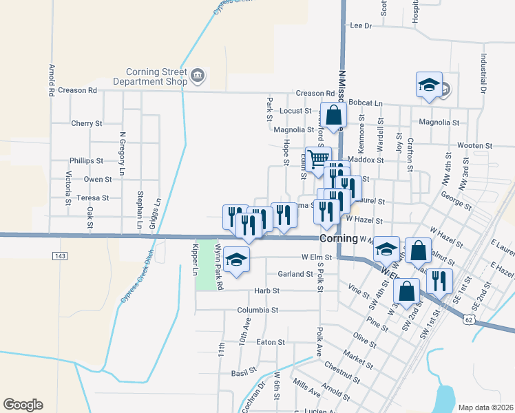 map of restaurants, bars, coffee shops, grocery stores, and more near 101 Park Street in Corning
