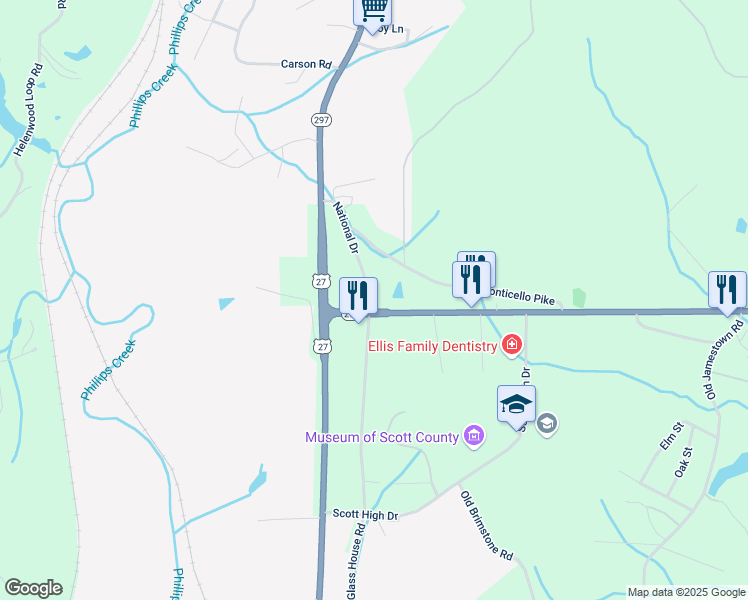 map of restaurants, bars, coffee shops, grocery stores, and more near 127 National Drive in Helenwood