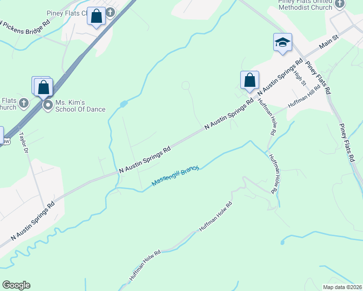 map of restaurants, bars, coffee shops, grocery stores, and more near 521 North Austin Springs Road in Piney Flats