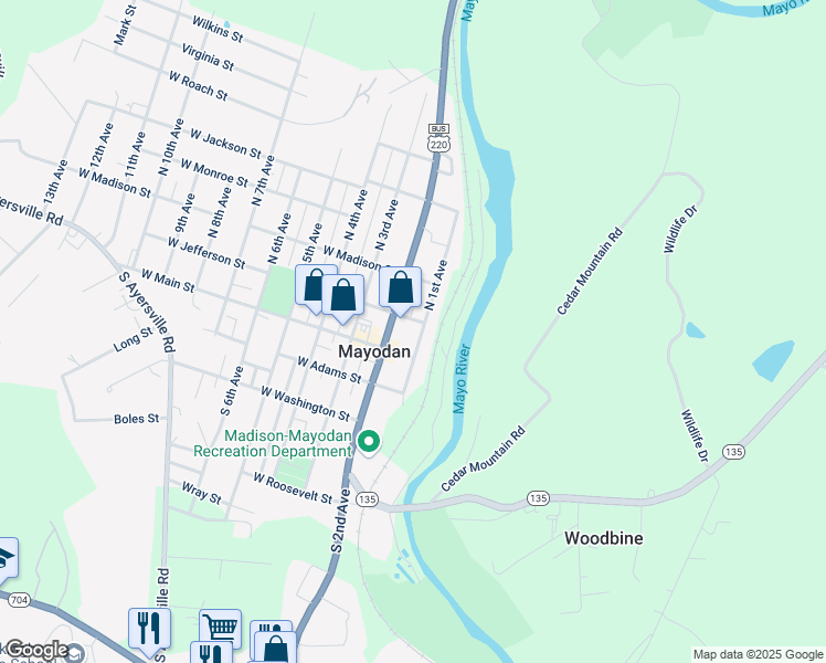 map of restaurants, bars, coffee shops, grocery stores, and more near 101 1st Avenue in Mayodan