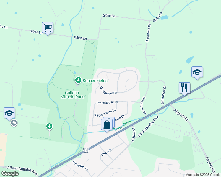 map of restaurants, bars, coffee shops, grocery stores, and more near 239 Grandview Circle in Gallatin