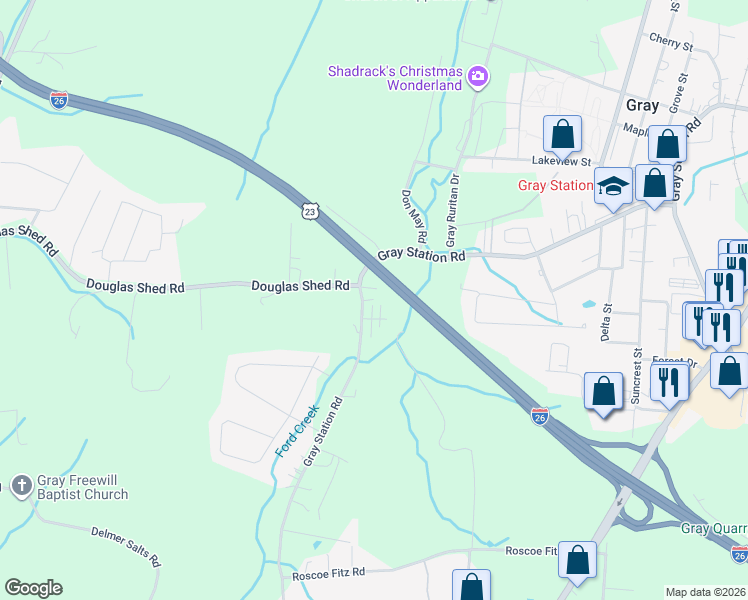 map of restaurants, bars, coffee shops, grocery stores, and more near 899 Hallbrook Drive in Gray