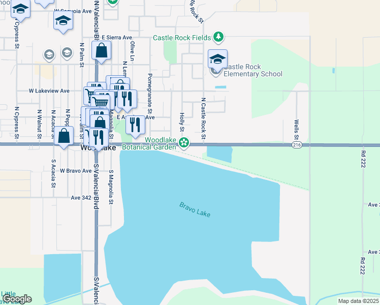 map of restaurants, bars, coffee shops, grocery stores, and more near 597 East Naranjo Boulevard in Woodlake
