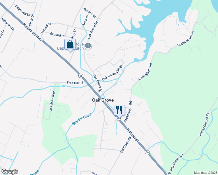 map of restaurants, bars, coffee shops, grocery stores, and more near 117 North Creek Drive in Johnson City
