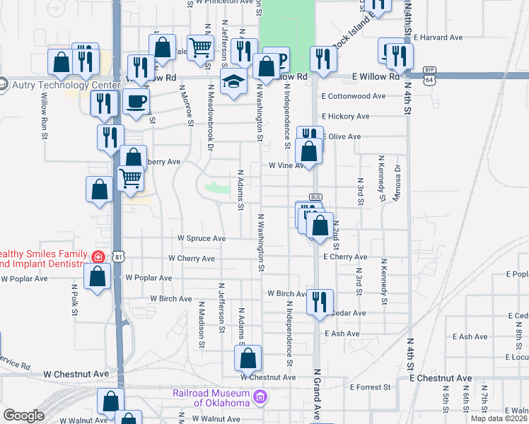 map of restaurants, bars, coffee shops, grocery stores, and more near 221 West Mulberry Avenue in Enid