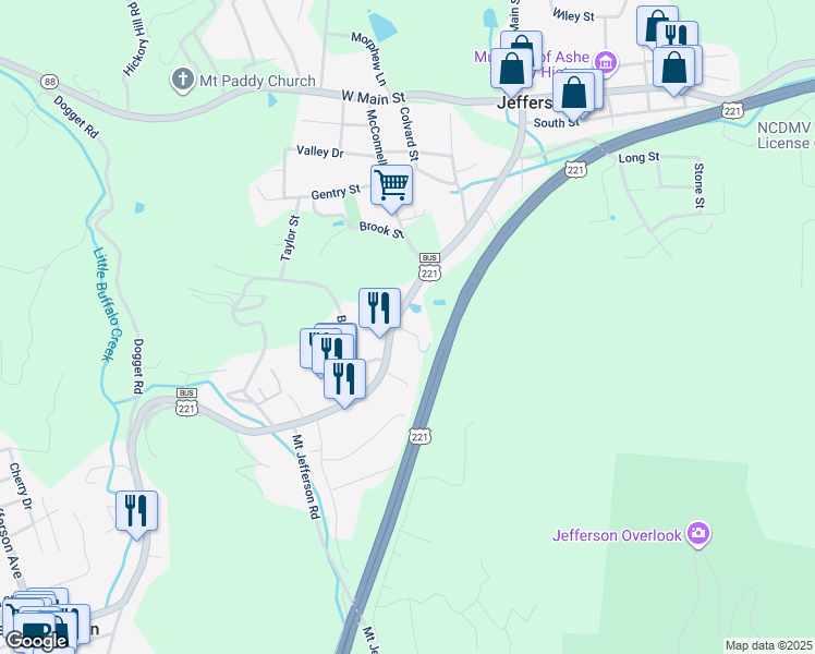 map of restaurants, bars, coffee shops, grocery stores, and more near 545 S Main St in Jefferson