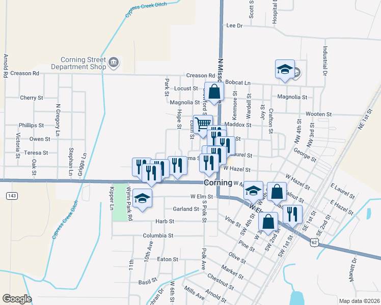 map of restaurants, bars, coffee shops, grocery stores, and more near 208 Edith Street in Corning