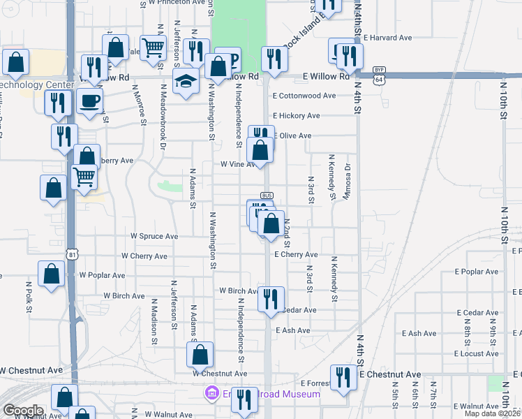 map of restaurants, bars, coffee shops, grocery stores, and more near 122 West Hackberry Avenue in Enid