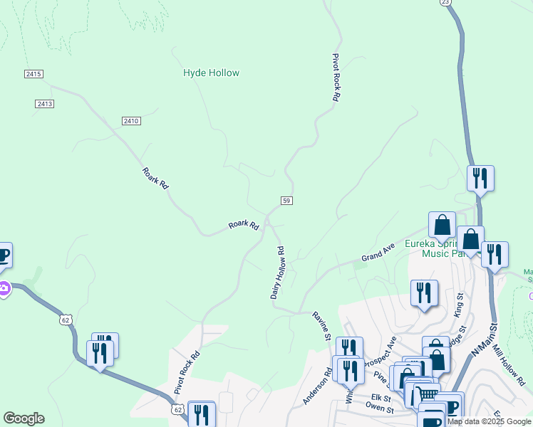 map of restaurants, bars, coffee shops, grocery stores, and more near 54 Pivot Rock Road in Eureka Springs