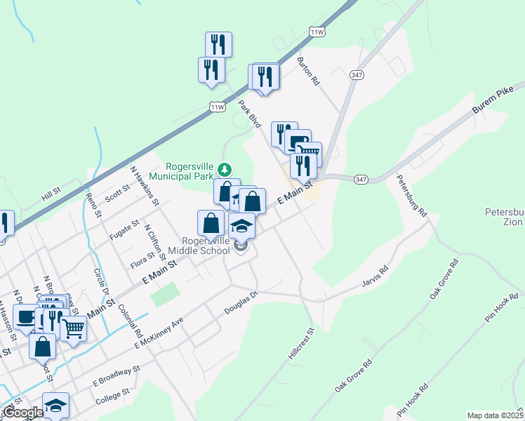 map of restaurants, bars, coffee shops, grocery stores, and more near 1121 East Main Street in Rogersville