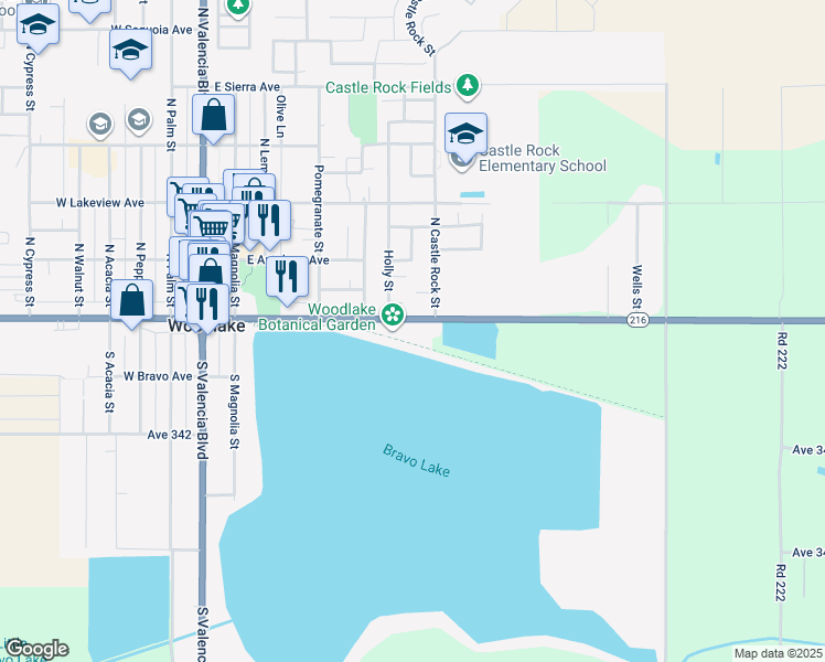 map of restaurants, bars, coffee shops, grocery stores, and more near 597 East Naranjo Boulevard in Woodlake