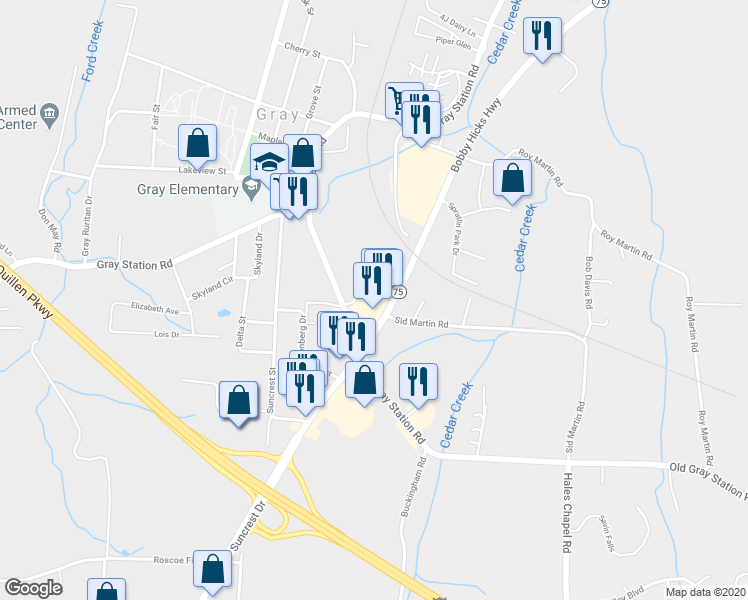 map of restaurants, bars, coffee shops, grocery stores, and more near 5205 Bobby Hicks Highway in Johnson City