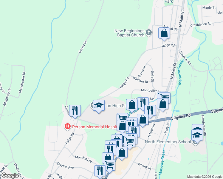 map of restaurants, bars, coffee shops, grocery stores, and more near 1035 Ridge Road in Roxboro