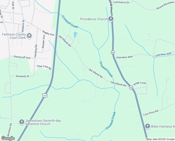 map of restaurants, bars, coffee shops, grocery stores, and more near 1319 Old Allardt Road in Jamestown