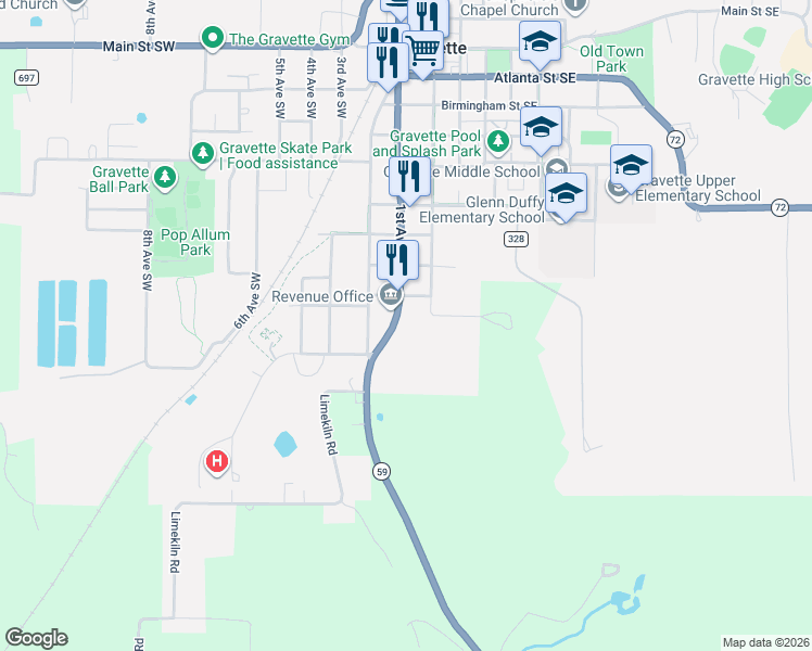 map of restaurants, bars, coffee shops, grocery stores, and more near 1002 1st Avenue Southeast in Gravette