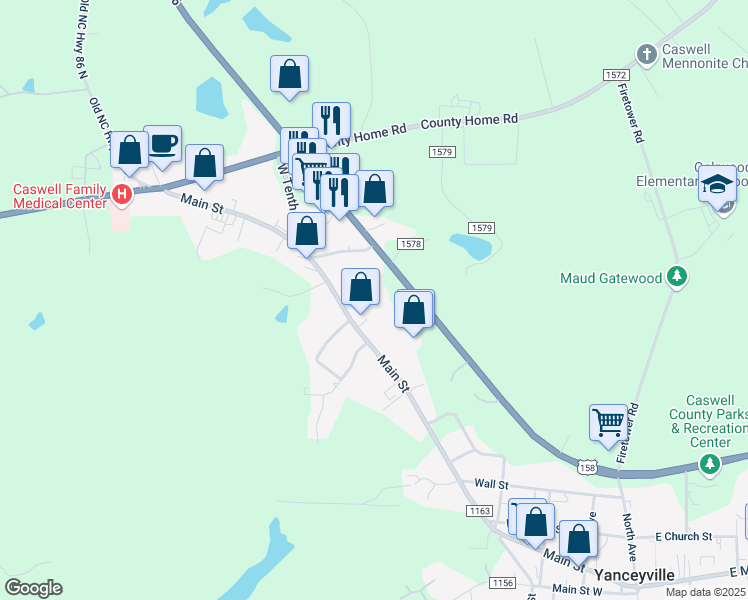 map of restaurants, bars, coffee shops, grocery stores, and more near 1086 Main Street in Yanceyville