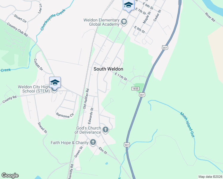 map of restaurants, bars, coffee shops, grocery stores, and more near 1211 Sycamore Street in Weldon