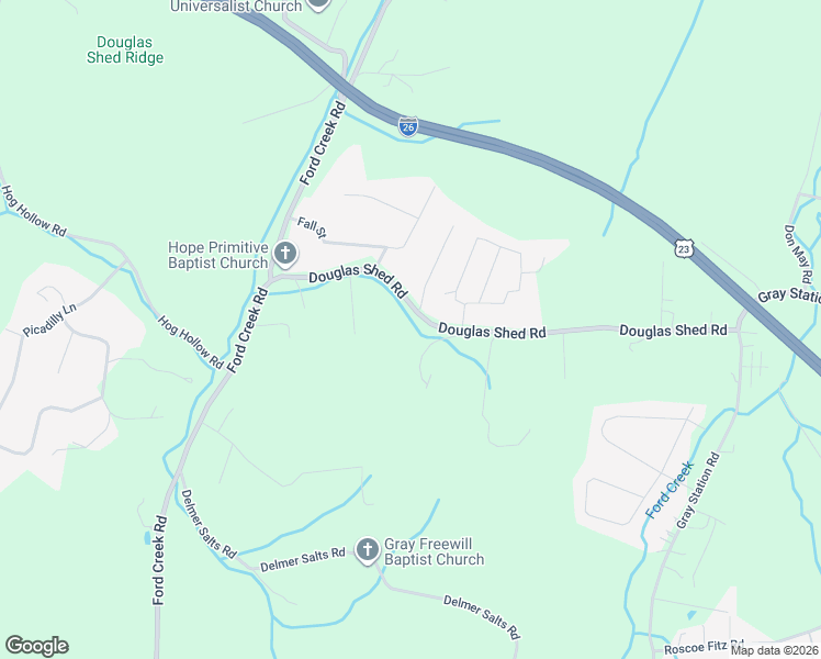 map of restaurants, bars, coffee shops, grocery stores, and more near 203 Douglas Shed Road in Gray