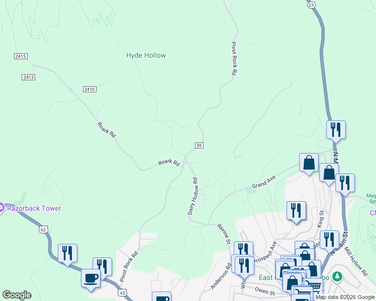 map of restaurants, bars, coffee shops, grocery stores, and more near 776 Pivot Rock Road in Eureka Springs