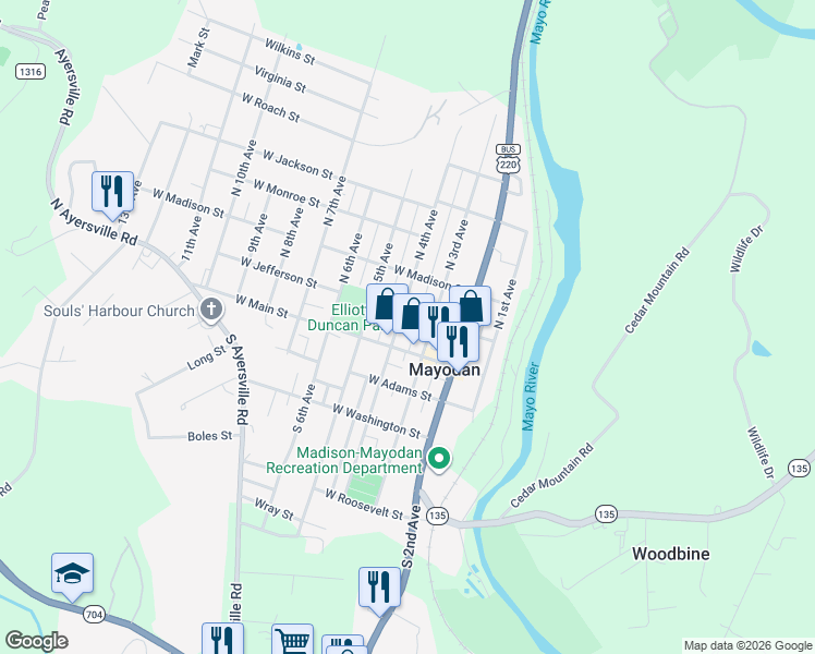 map of restaurants, bars, coffee shops, grocery stores, and more near 109 North 4th Avenue in Mayodan