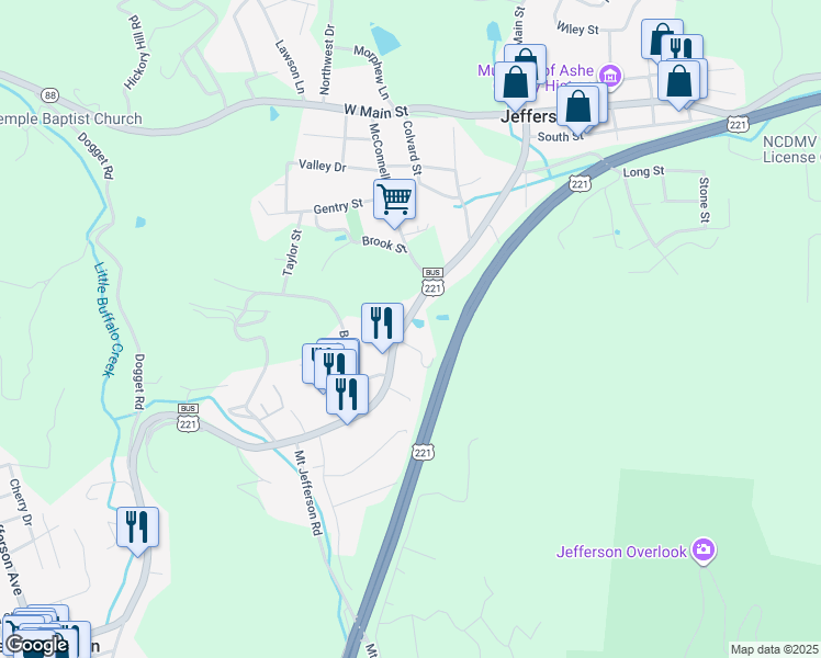 map of restaurants, bars, coffee shops, grocery stores, and more near 535 South Main Street in Jefferson