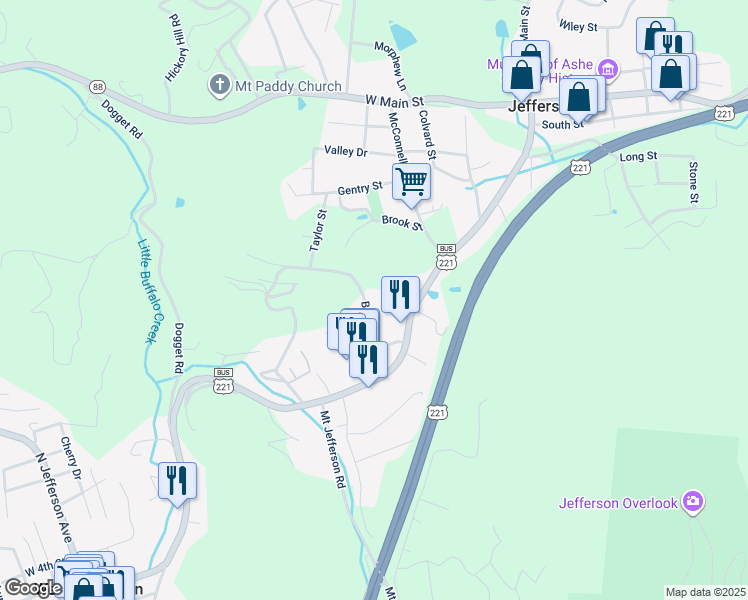 map of restaurants, bars, coffee shops, grocery stores, and more near 214 Badger Street in Jefferson