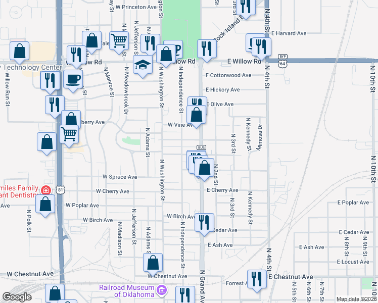 map of restaurants, bars, coffee shops, grocery stores, and more near 122 West Hackberry Avenue in Enid