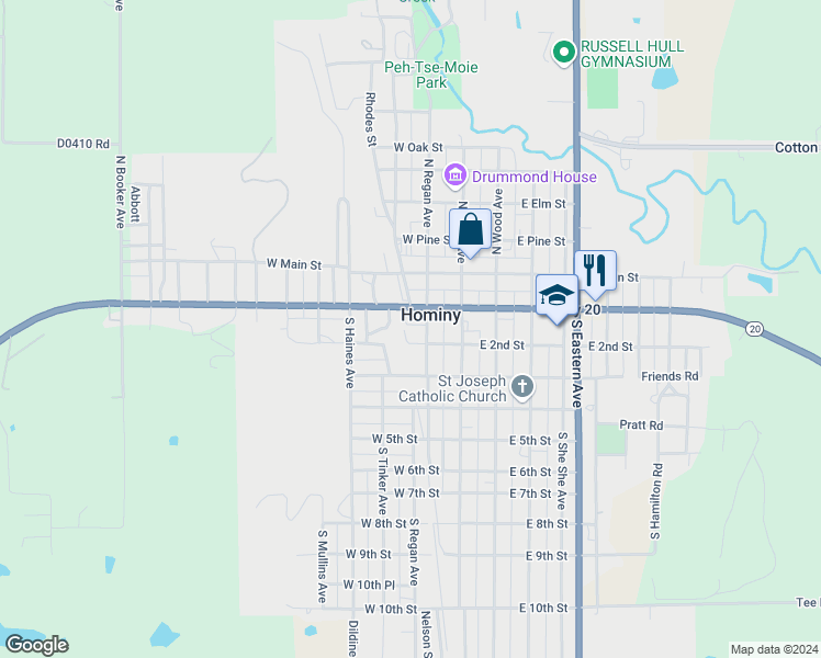 map of restaurants, bars, coffee shops, grocery stores, and more near 221 South Regan Avenue in Hominy