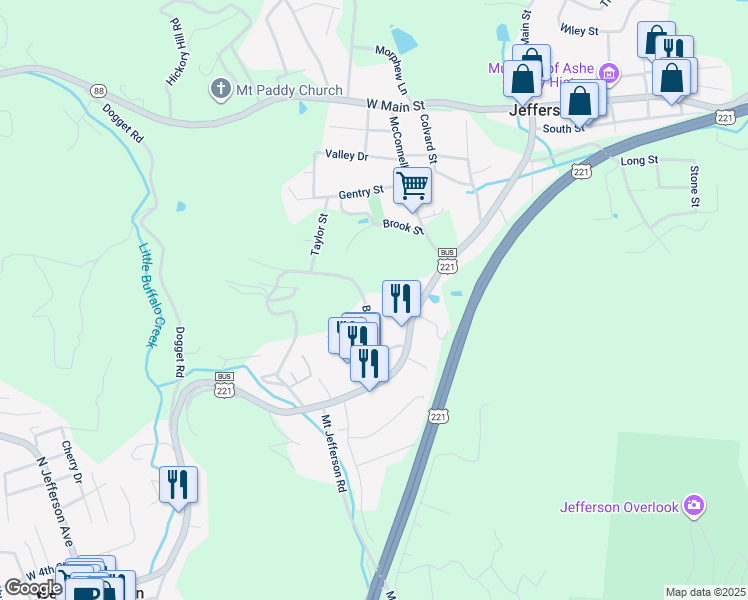 map of restaurants, bars, coffee shops, grocery stores, and more near 214 Badger Street in Jefferson