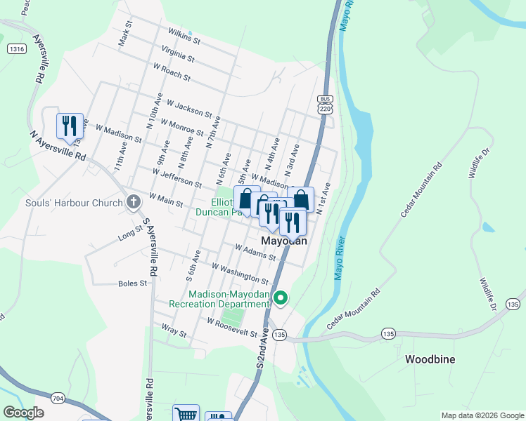 map of restaurants, bars, coffee shops, grocery stores, and more near 109 North 4th Avenue in Mayodan