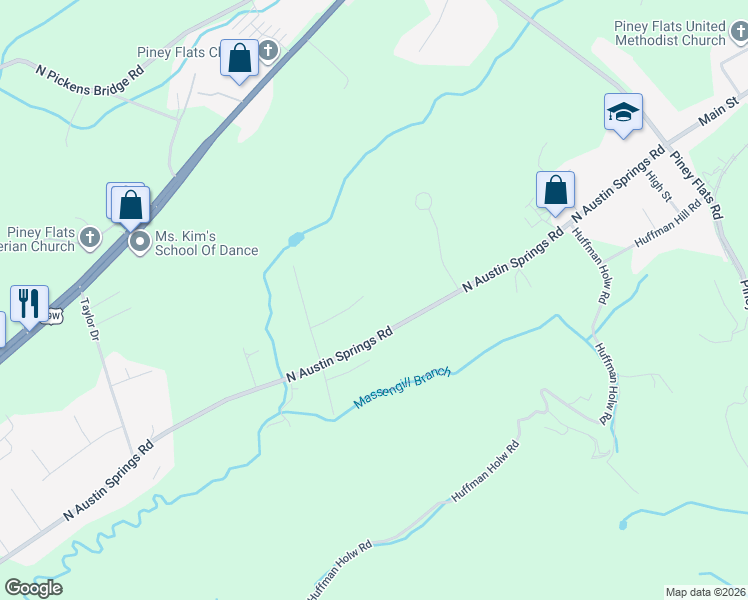 map of restaurants, bars, coffee shops, grocery stores, and more near 530 North Austin Springs Road in Piney Flats