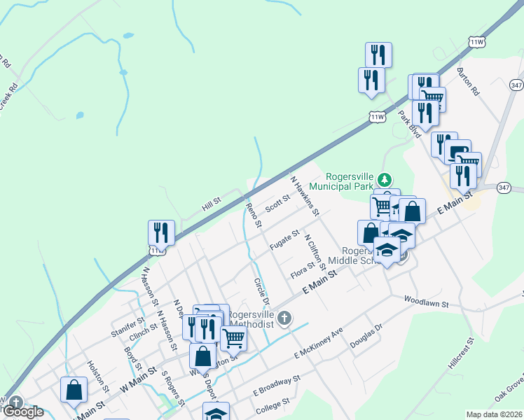 map of restaurants, bars, coffee shops, grocery stores, and more near 605 Scott Street in Rogersville