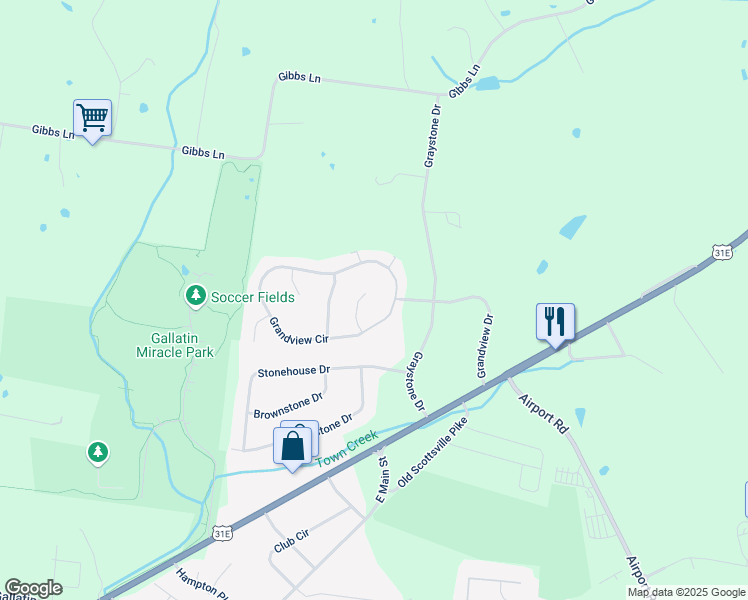 map of restaurants, bars, coffee shops, grocery stores, and more near 120 Miller's Point in Gallatin
