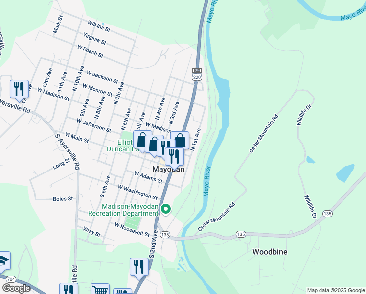 map of restaurants, bars, coffee shops, grocery stores, and more near 208 North 1st Avenue in Mayodan