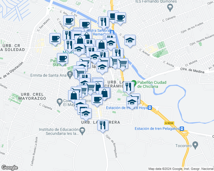 map of restaurants, bars, coffee shops, grocery stores, and more near 10 Calle Larra in Chiclana de la Frontera