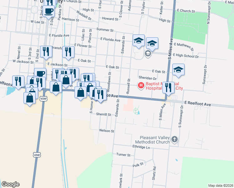 map of restaurants, bars, coffee shops, grocery stores, and more near 816 East Reelfoot Avenue in Union City