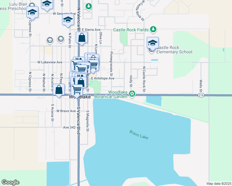map of restaurants, bars, coffee shops, grocery stores, and more near West Naranjo Boulevard in Woodlake