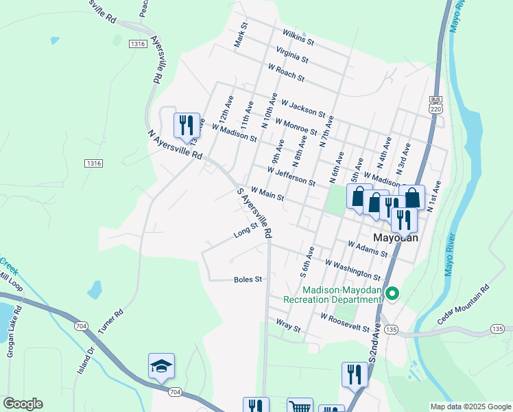 map of restaurants, bars, coffee shops, grocery stores, and more near 202 South Ayersville Road in Mayodan