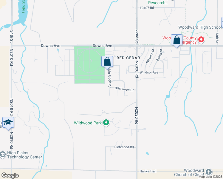 map of restaurants, bars, coffee shops, grocery stores, and more near 3206 Robin Ridge Road in Woodward