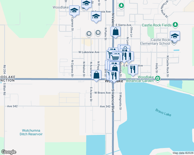 map of restaurants, bars, coffee shops, grocery stores, and more near 300 West Naranjo Boulevard in Woodlake