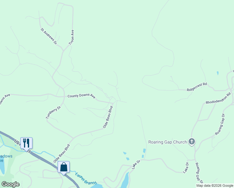 map of restaurants, bars, coffee shops, grocery stores, and more near Olde Beau Boulevard in Glade Valley