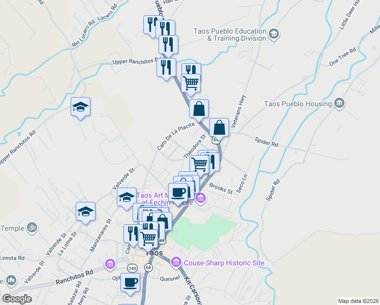 map of restaurants, bars, coffee shops, grocery stores, and more near 329 Theodora St in Taos