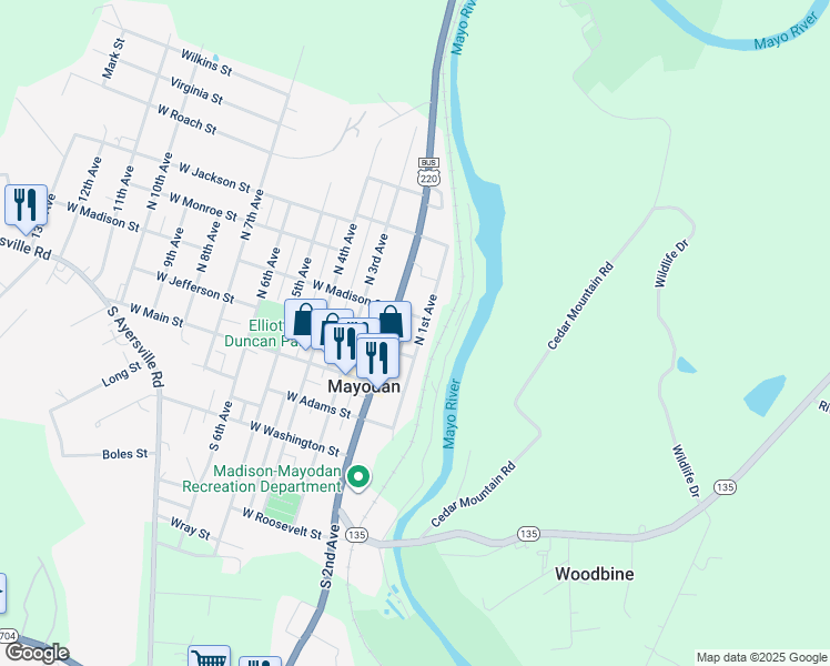map of restaurants, bars, coffee shops, grocery stores, and more near 208 North 1st Avenue in Mayodan