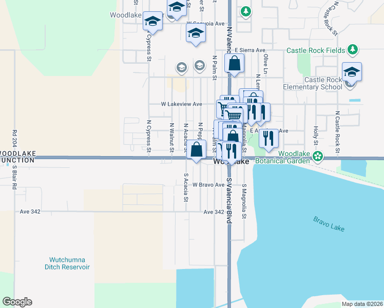 map of restaurants, bars, coffee shops, grocery stores, and more near 300 West Naranjo Boulevard in Woodlake
