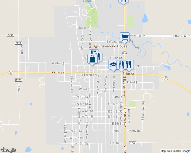 map of restaurants, bars, coffee shops, grocery stores, and more near 211 South Price Avenue in Hominy