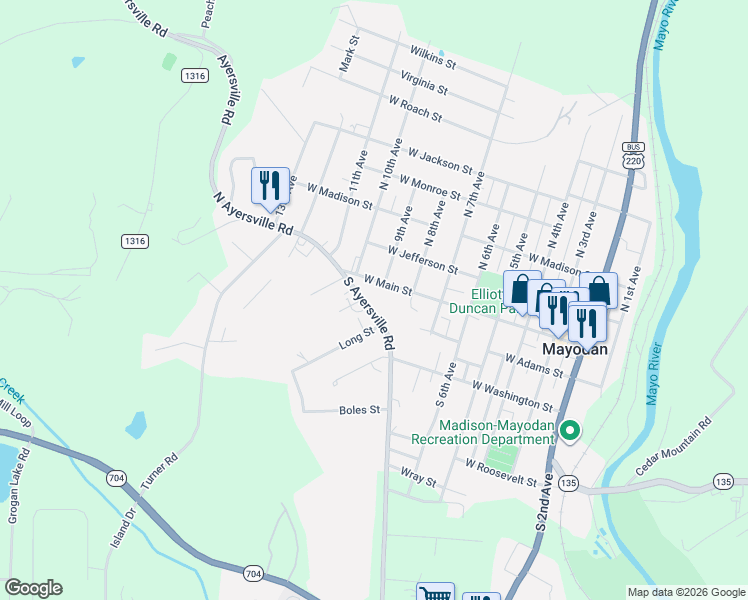 map of restaurants, bars, coffee shops, grocery stores, and more near 202 South Ayersville Road in Mayodan